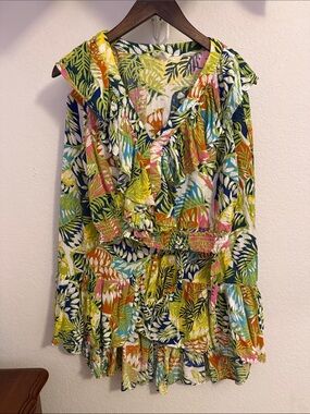 Nicole Miller Multicolor Tropical Print Ruffled Crop Top